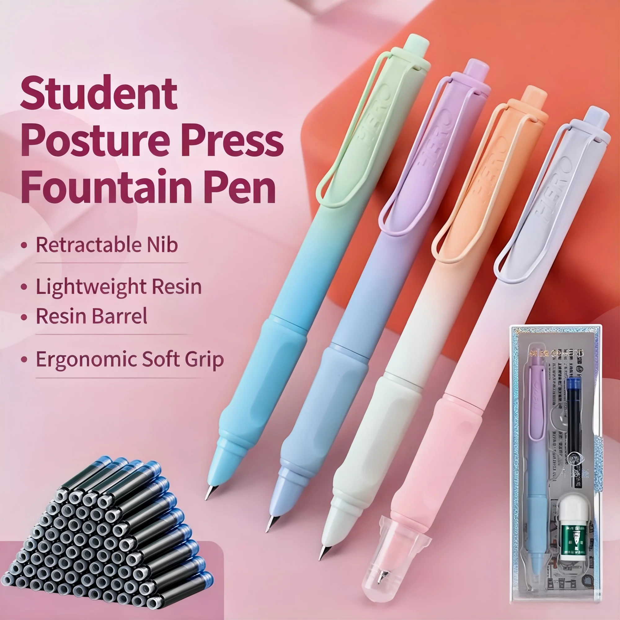 

Hero 1356 Retractable Fountain Pen, Smooth Writing Nib, Lightweight Ergonomic Grip, Gradient Color Design, Student Friendly,
