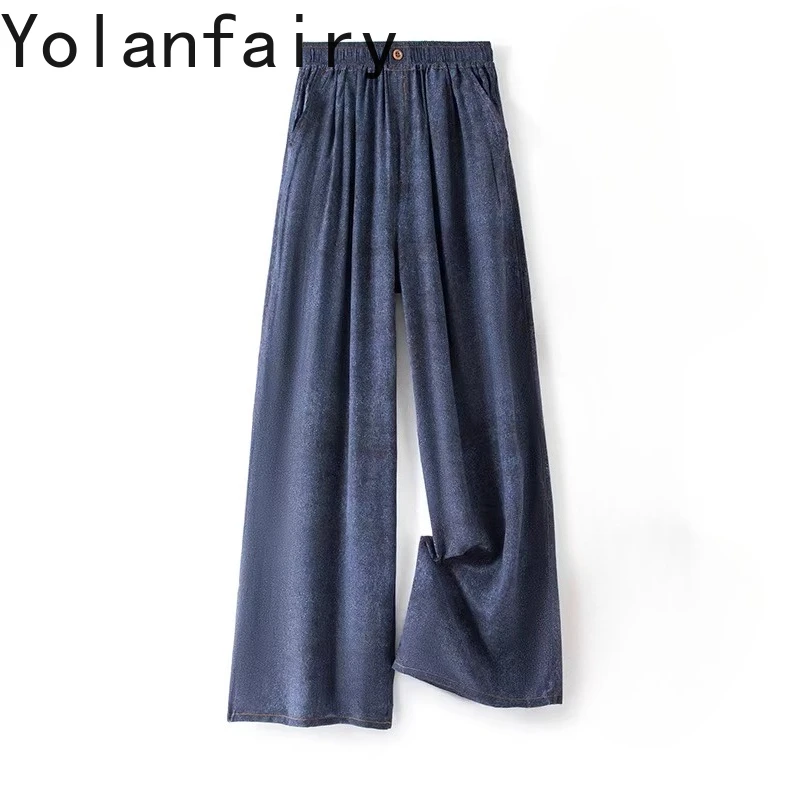 YOLANFAIRY 100% Real Mulberry Silk Wide Leg Pants Women 2026 Fashion Digital Printing Pants Woman Casual Trousers Elastic Waist