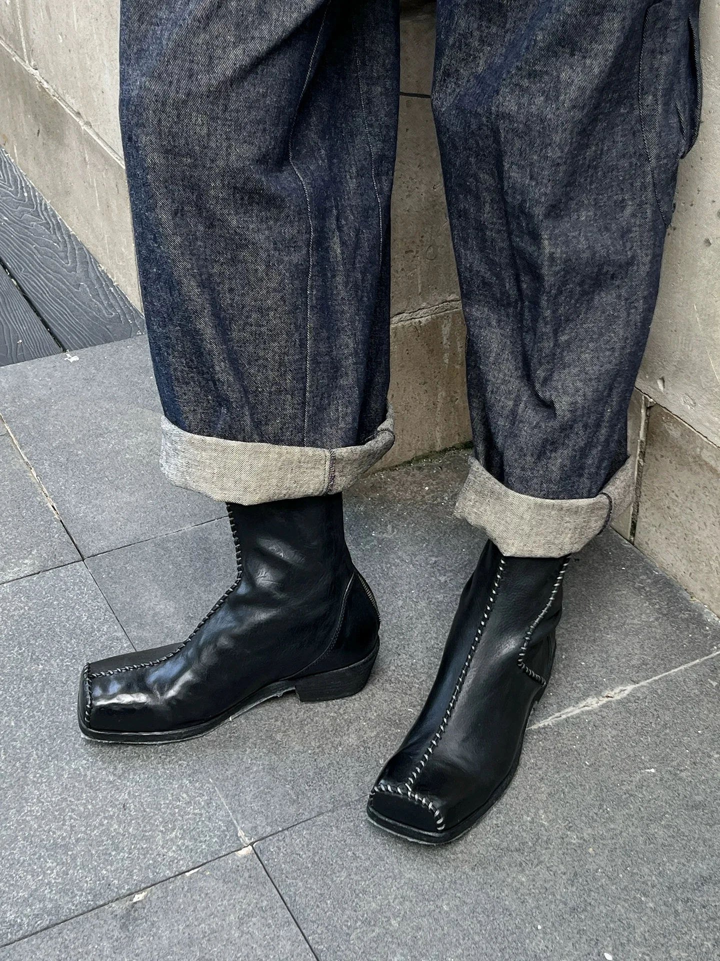 Women's Black Leather Ankle Boots Contrast Stitching Square Toe Sleek Avant-Garde Design for Street Autumn/winter Fashion Looks