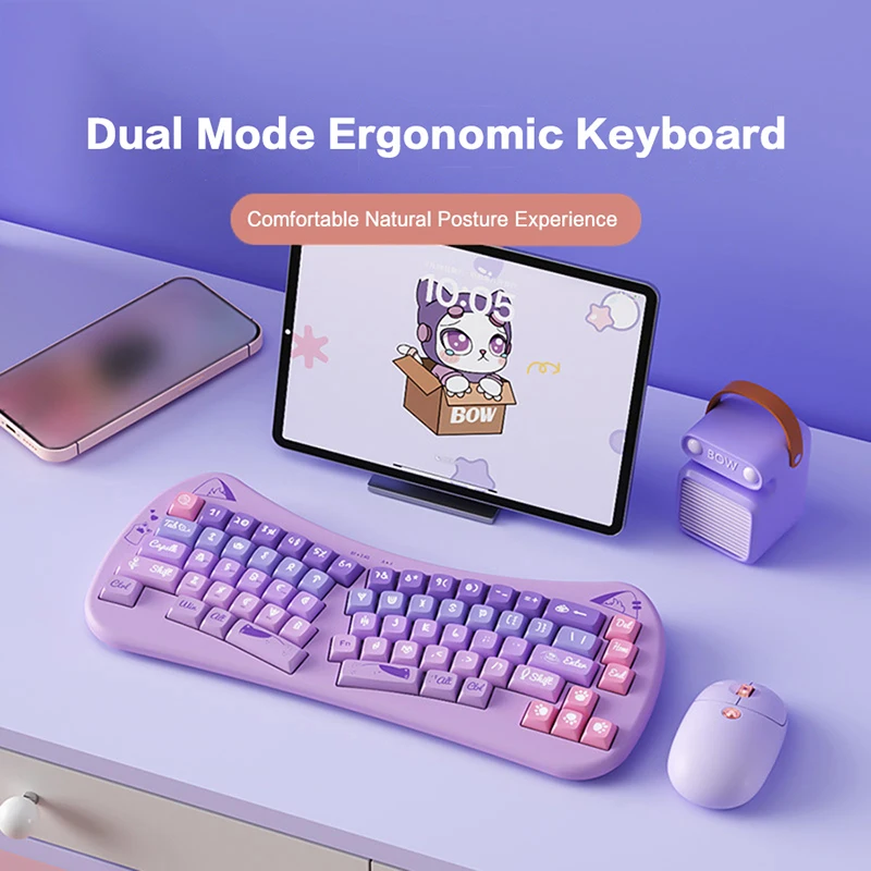 

Ergonomic Bluetooth5.0+2.4G Multi Device Split Keyboard 68 Keys Cute Cat Keycap Wireless Keyboard for Win/Android/iOS/Mac OS