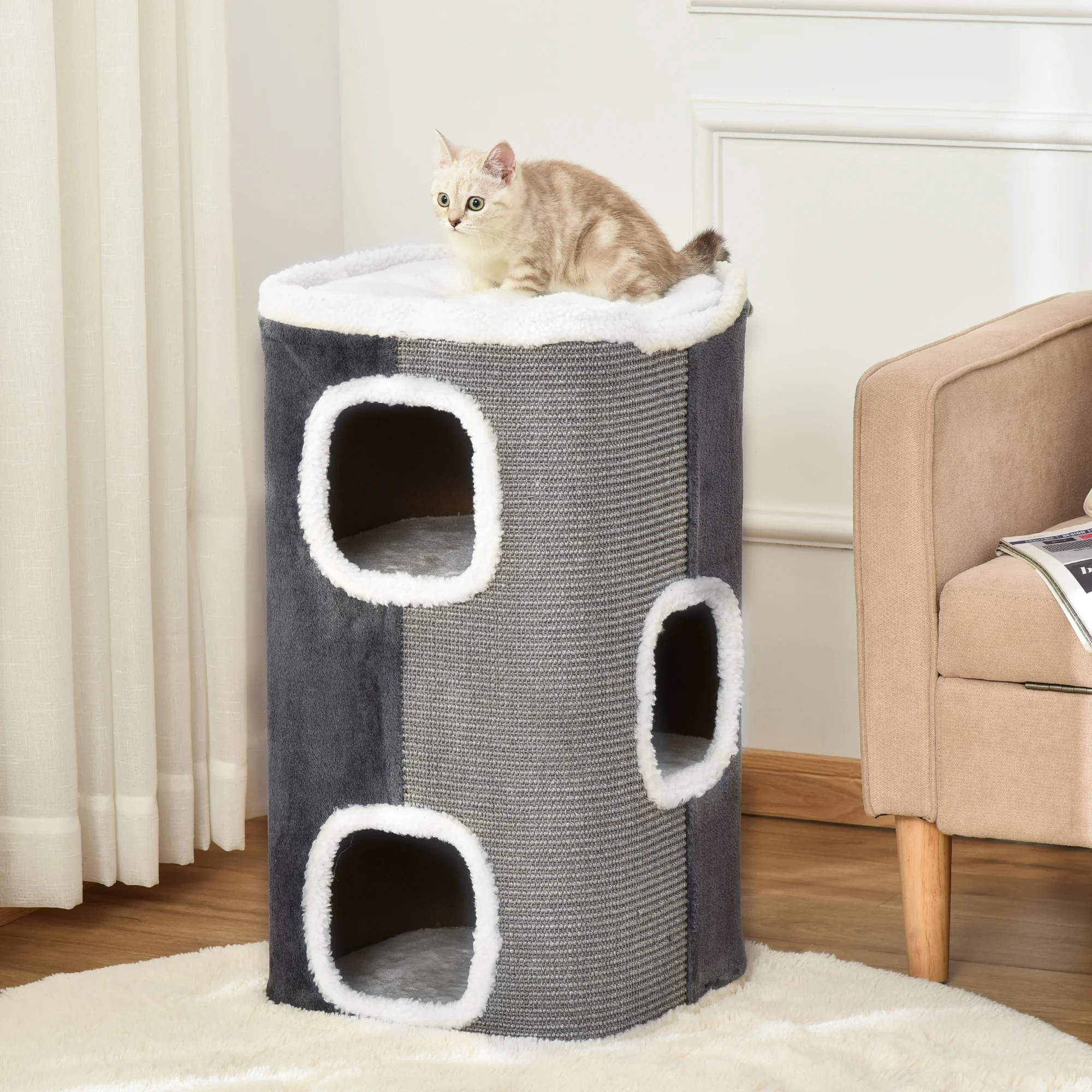 PawHut barrel cat scraper 74 cm with 3 caves Sisal plush and platform