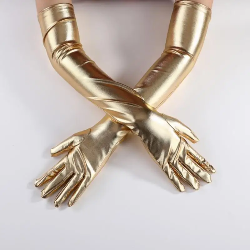 Sexy Stretch PU Leather Skinny Long Glove Punk Rock Hip Hop Jazz Disco Dance Gloves Shiny Metallic Mittens Cosplay Accessory