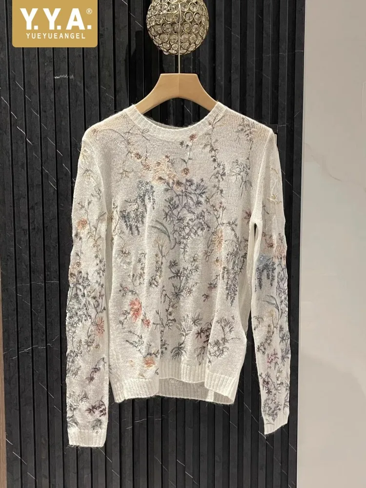 

Fashion Designer Women Floral Embroidery Pullover Sweater Tops Elegant Ladies Long Sleeve O Neck Woolen Holiday Knitted Jumpers