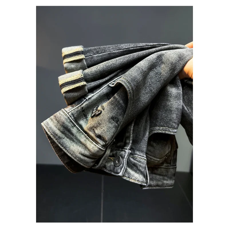 2024 New Gray Jeans Men's Autumn Fashion Design Men's Slim Fit Stretch Washed Make Old Ripped Trendy Denim Pants