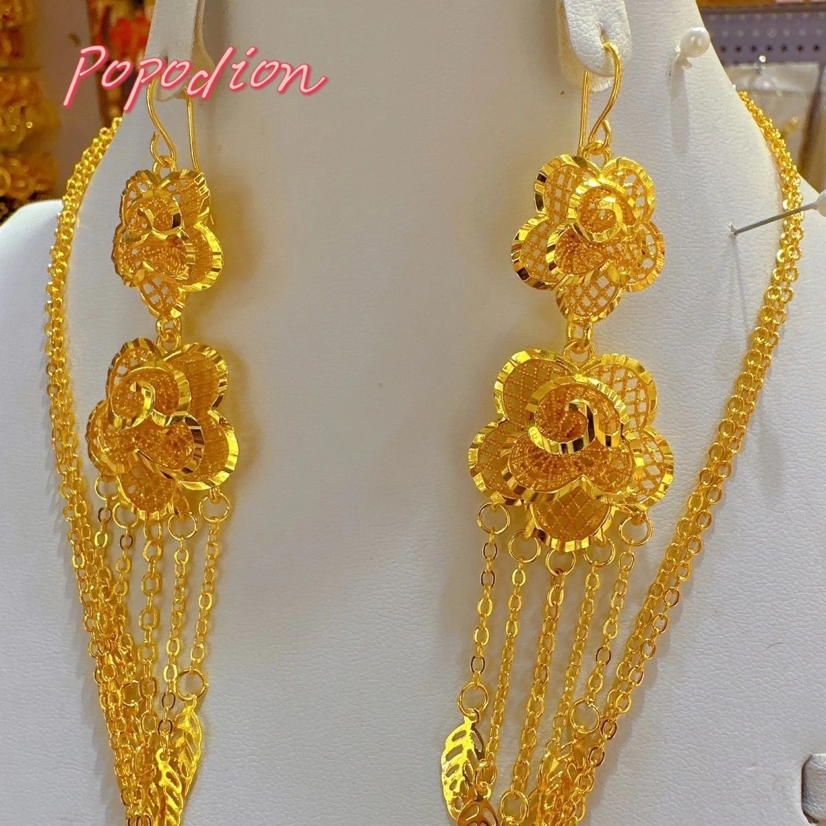 Popodion New 24K Gold Plated Jewelry Flower Necklace Women's Earrings Ring Fashion Accessories YY10359