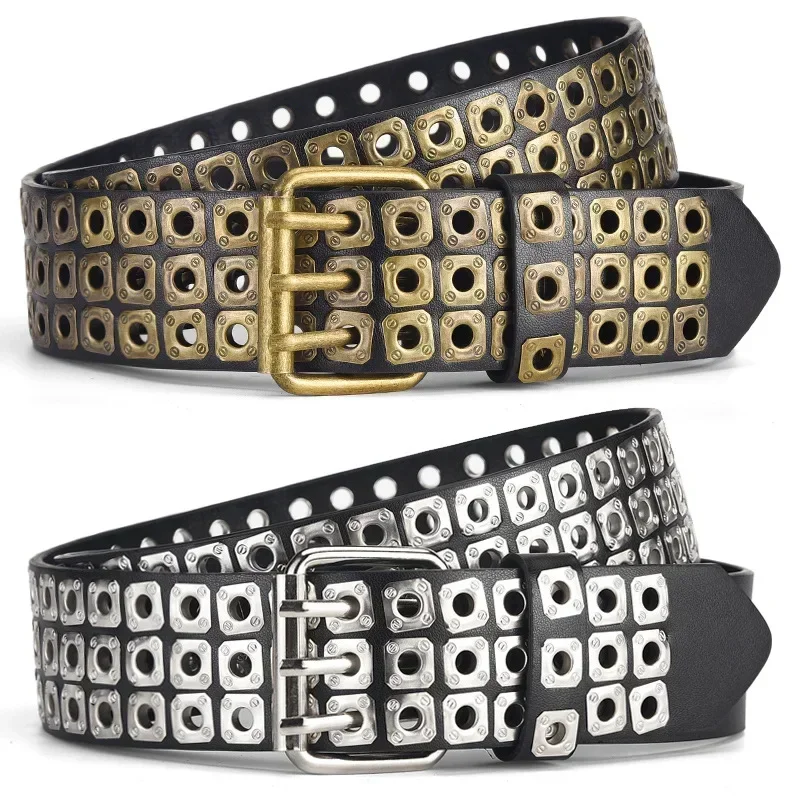 Men Women Belt Rivets Belt Hollow Metal Air Eye Punk PU Punk Hardware Jeans Alloy Buckle Jeans Decorative Accessories Waistband