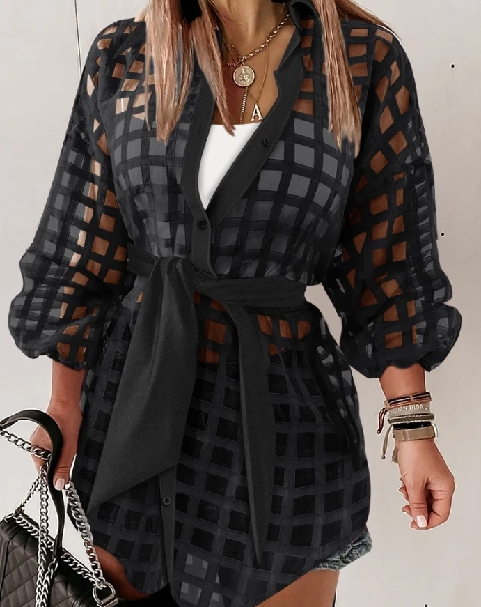 

New Fashion 2025 Casual Plaid Turn-Down Collar Sheer Mesh Long Sleeve Tied Detail Shirt Dress Mini Dress with Belt