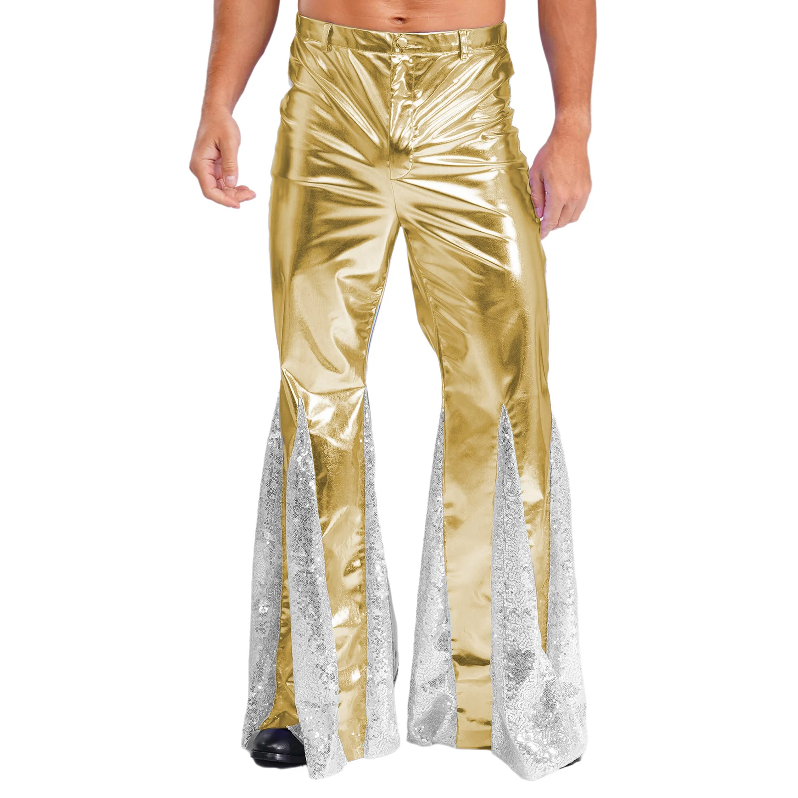 

Mens Shiny Metallic 70s Disco Pants Hippie Vintage Dance Party Nightclub Sequins Bell Bottoms Stage Performance Flared Pants