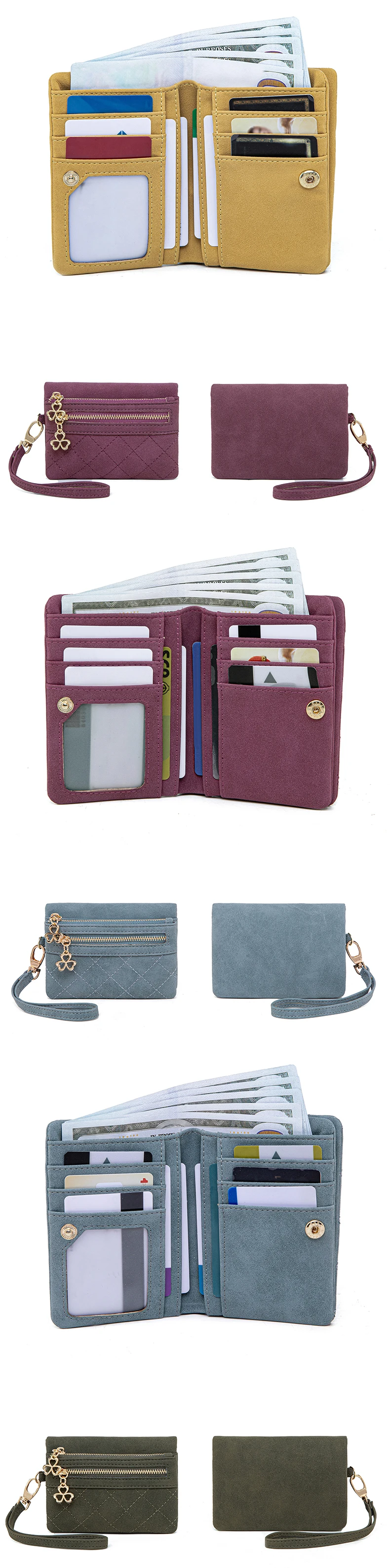 Retro-Bi-Fold Damen-Geldbörse, stilvolle, gesteppte, diamantmusterierte Münzbörse, hochwertige PU-Leder-Kurzbörse mit Handgelenkschlaufe – Detail 7