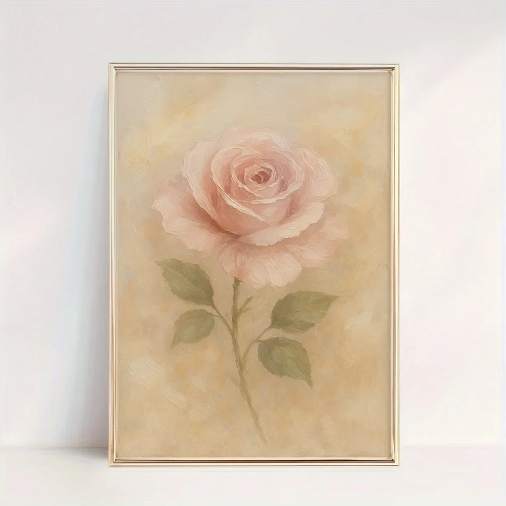 2D Flat, 1pc Unframed Vintage Blush Rose Canvas Print Wall Art - Vertical Floral Painting with Soft Pastel Tones, High-Qualit