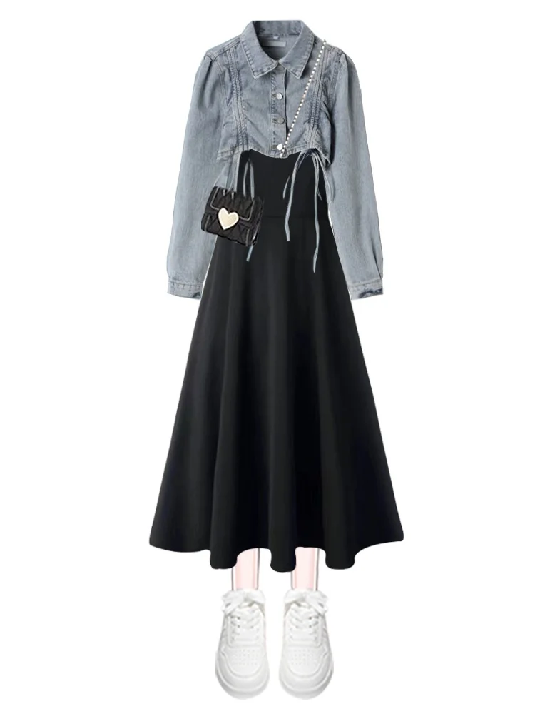 ربيع 2025 جديد الدنيم مجموعة تصميم الإحساس الشارع الشهير ort الفتيات حزام الدكتور قطعتين مجموعة طويلة Sve طوق زرر