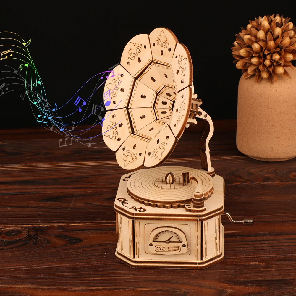 

3D Phonograph Wooden Jigsaw Puzzle Building Blocks Toys Animal Wood Puzzle Board Games Fidget Christmas Table Game Model Puzzles