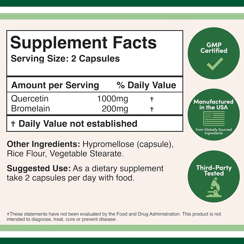 Quercetin with Bromelain 60 Capsules 1200 mg Supports healthy immune function for men and women Vegetarian Safe