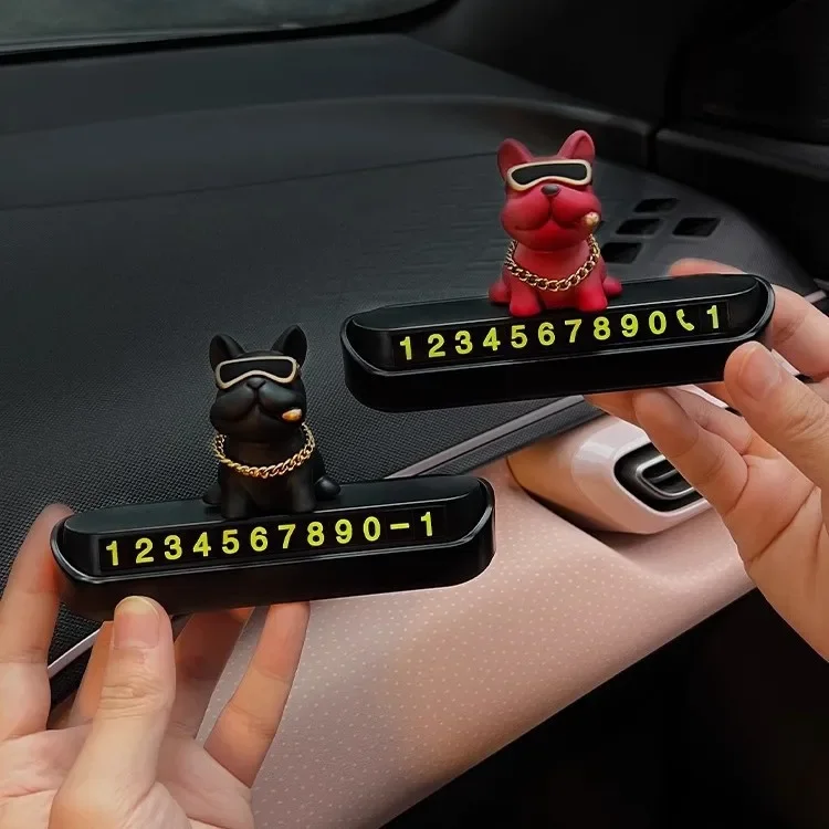 Cute Funny Bulldog Car Temporary Parking Number Plate Cute Gift Auto Decor Dashboard Accessories Ornament Automobiles Voiture