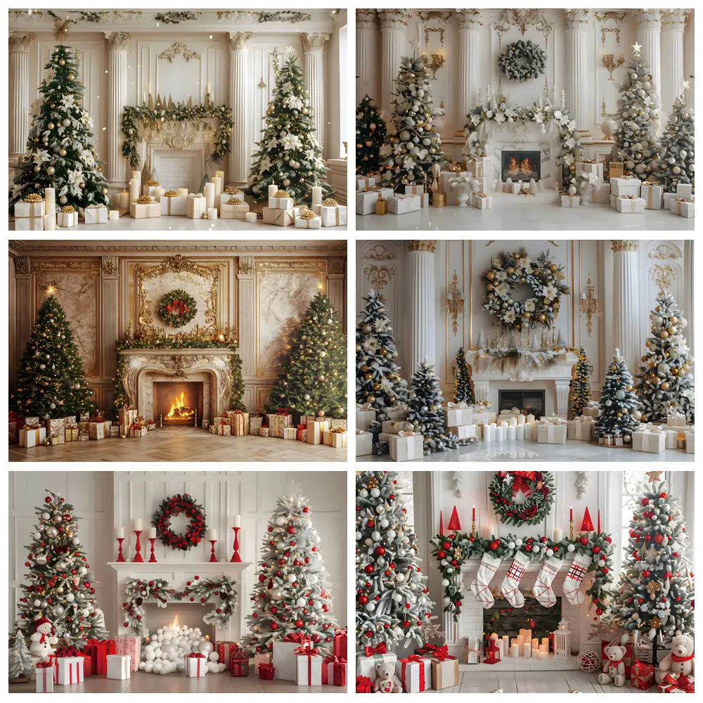 

Christmas Palace Backdrops for Photography Christmas Tree Gifts Fireplace Scene Family Party Kids Baby Portrait Background Decor