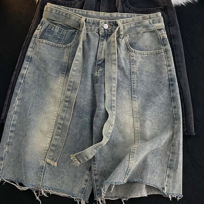 Pantalones cortos vaqueros con flecos finos de verano, pantalones informales holgados hasta la rodilla de calle japonesa, pantalones bonitos azules versátiles a la moda