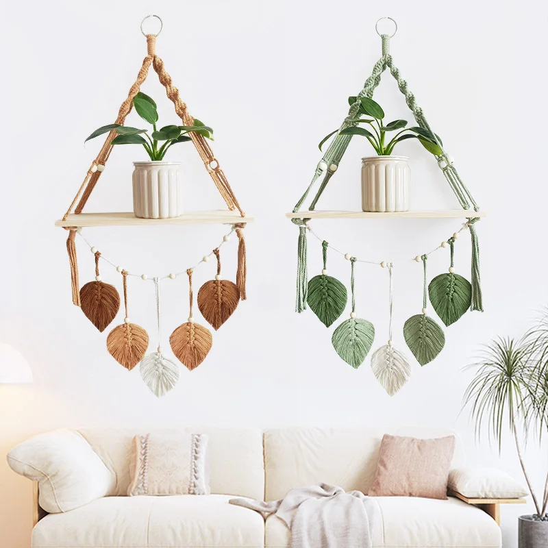 

Handmade Woven Macrame Wall Hanging Shelf Boho Woven Leaves Decoration Wooden Floating Shelves Bedroom Home decoration leaf wall