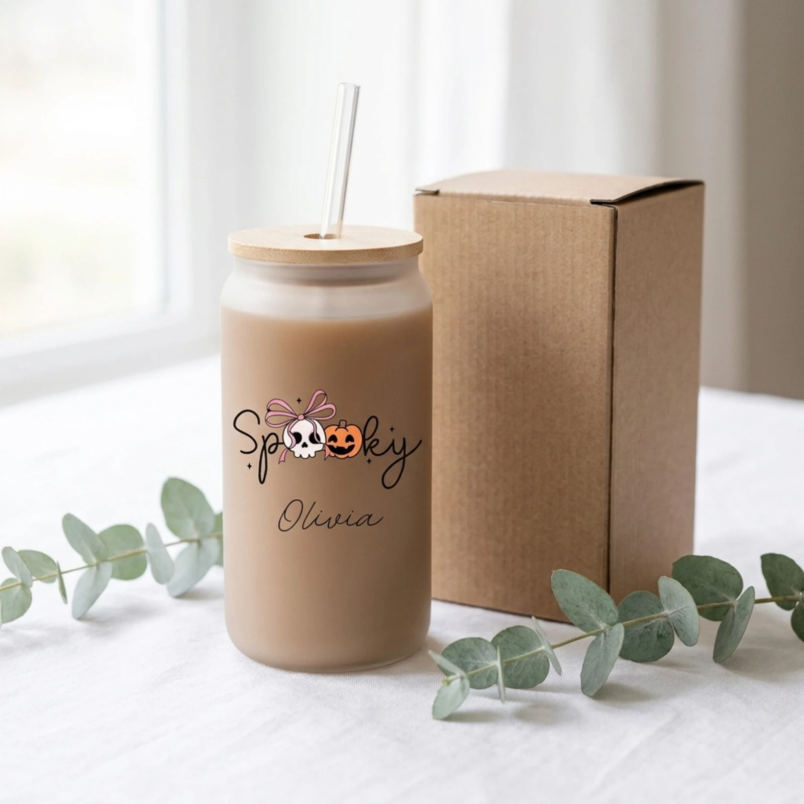 Personalized Name Spooky Halloween Frosted Glass Cup with Bamboo Lid Straw,Trendy Seasonal Drinking Vessel