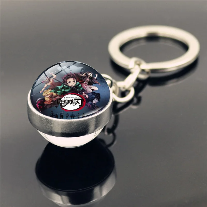 Demon Slayer Action Figure Double Sided Keychain Women Tanjiro Nidouzi Inosuke Zenizu Kimetsu Glass Ball Pendant Anime Keyring