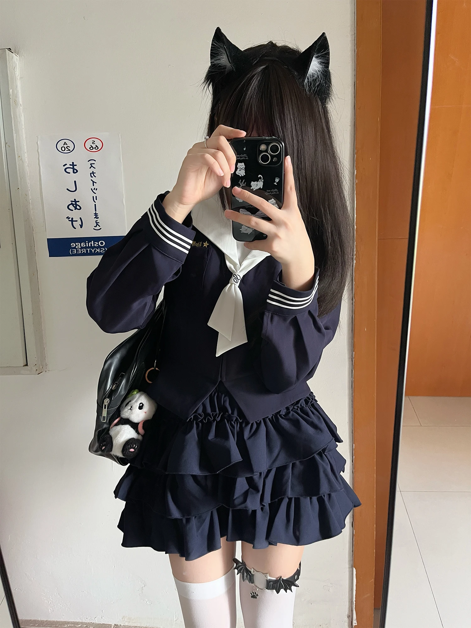 Original Embroidery Waist-Cinching School Uniform Style Navy Collar Sailor Suit Cake Skirt High Waist Polyester Elastic Fiber