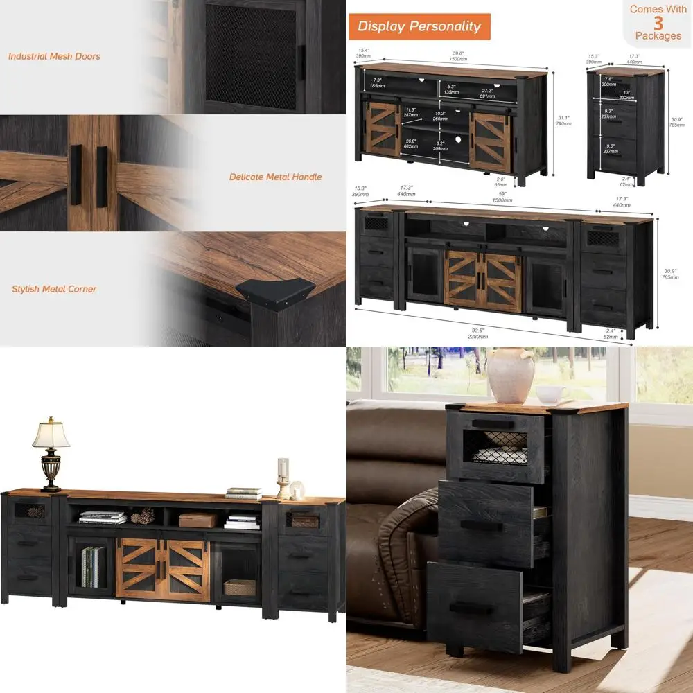 

Rustic 93.6 Sideboard with Open Shelves, Coffee Bar Storage Cabinet, Suitable for Kitchen, Dining, and Living Rooms, Black