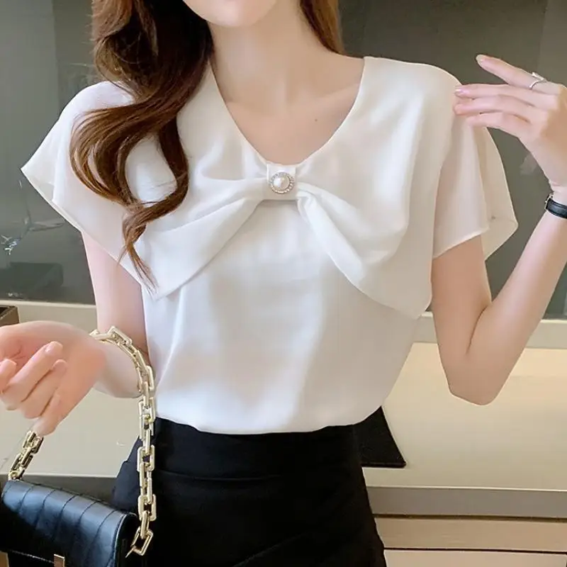 Summer Simplicity Office Lady Solid Color V-neck Short Sleeve Chiffon Shirts Women Fashion Trend All-match Temperament Tops