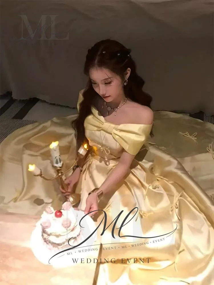 ML Stunning Bow Appliques Wedding Party Dress Off Shoulder Floor Length Korea Photo shoot Birthday Prom Gown Customized 2026