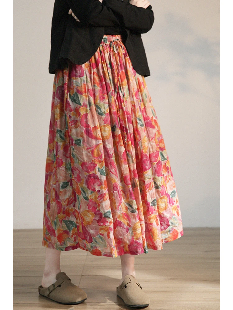 

Retro Anti-Aging Floral Print Double Layer Midi Skirt Large Size Women's Dstring Belted A-Line Skirts Lightweight Cotton