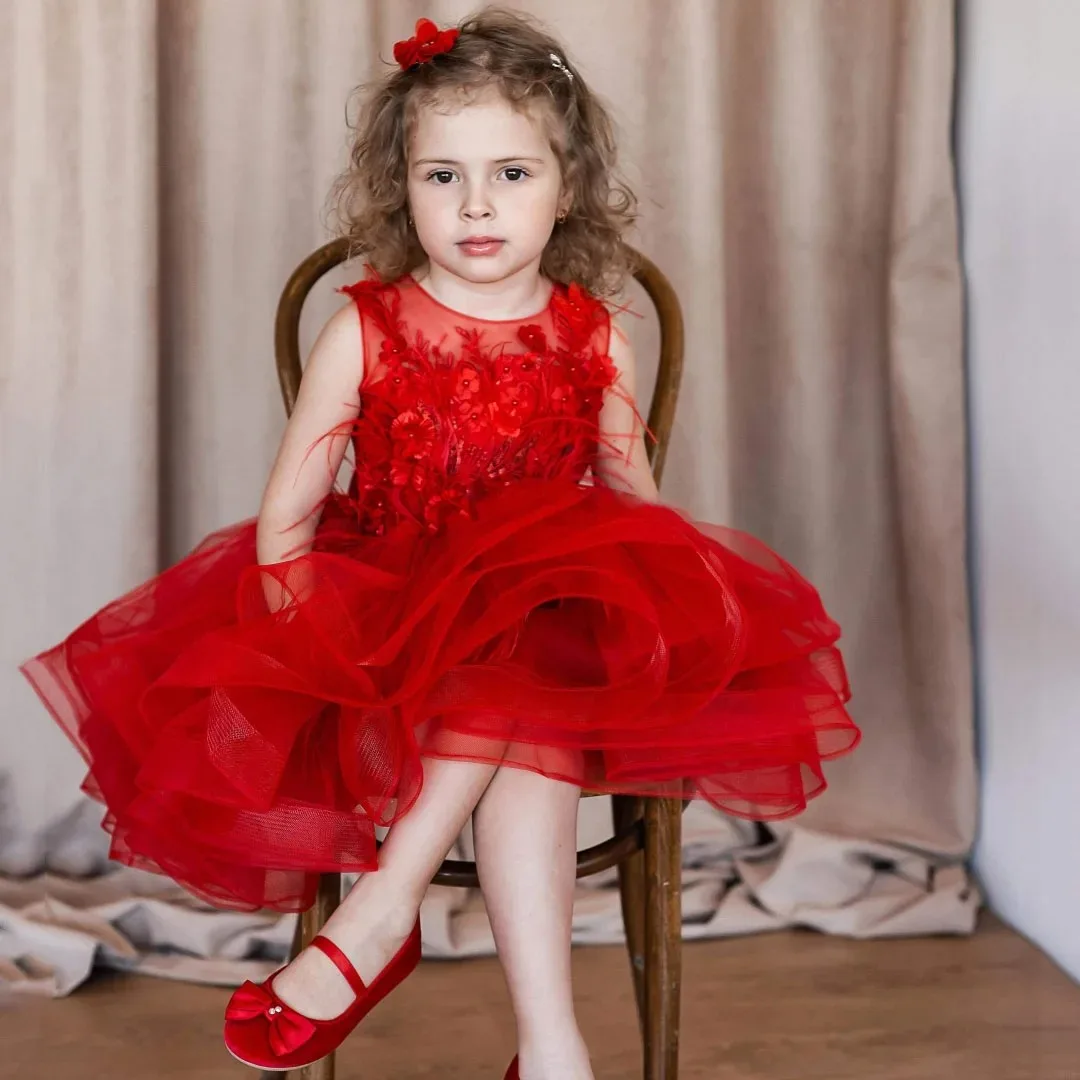 فستان فتاة الزهور الحمراء المخصص مع ريشة مطرزة بفيونكة جميلة أول مناولة لحفلات أعياد الميلاد وحفلات التخرج وحفلات الزفاف #5