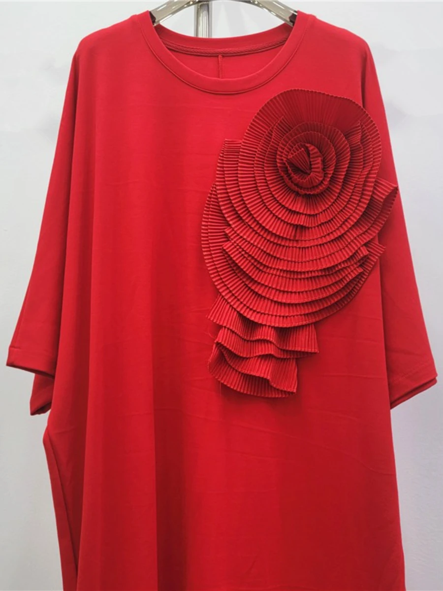 Galcaur sólido emendado 3d flor vestido feminino o pescoço manga longa solto design temperamento vestidos femininos estilo de moda verão