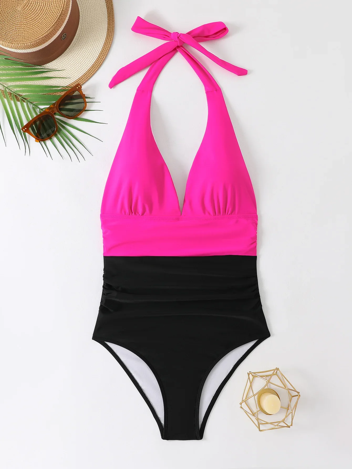 sexy patchwork swimsuit one piece halter tie backless deep v-neck Bikinis Swimwear Swimsuits beach outfits bodysuit biquini
