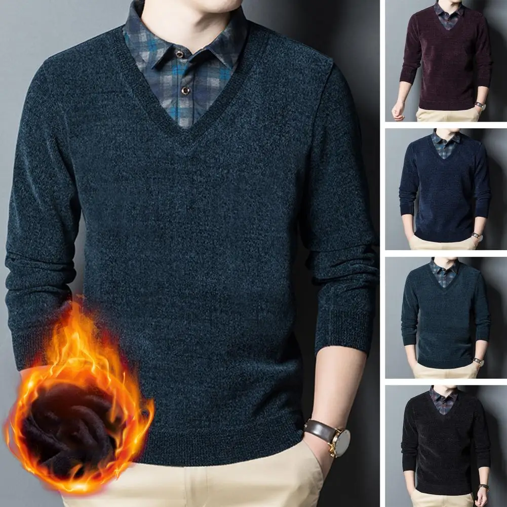 

Men Sweater Mid-aged Men's Plaid Print Sweater with Lapel Button Elastic Cuff Fall Winter Business Shirt Sweater for Father