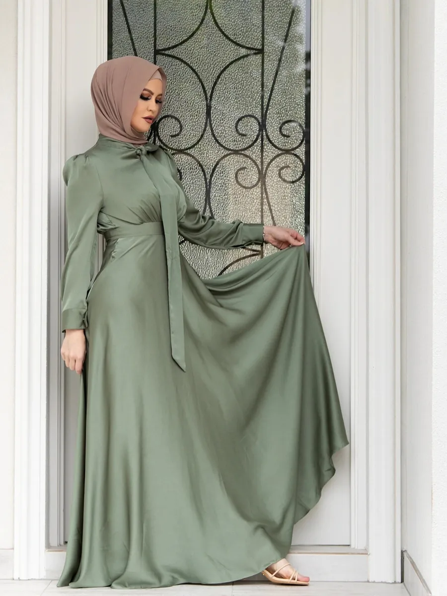 Bescheiden Dubai Abaya Hijab Islam Ramadan Gewaad Femme Kaftan Formele Avond Maxi Jurken Moslim Mode Vrouwen Satijnen Prom Lange Jurk