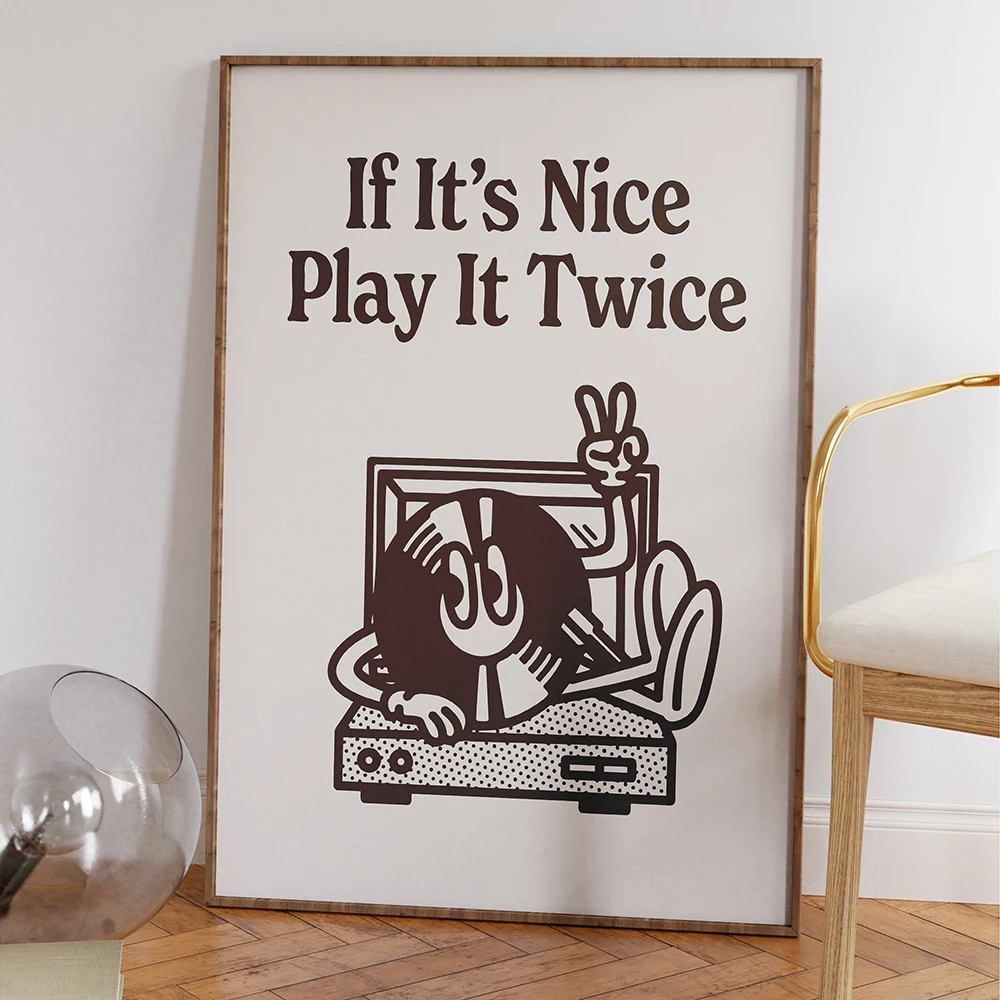 Retro Cartoon Music Groovy Record Player If It's Nice Play It Twice Quotes Wall Art Canvas Painting Posters Living Room Decor