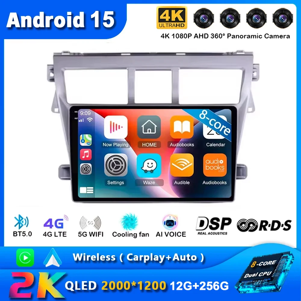 

Android 15 Carplay Auto Car Radio For Toyota Vios Yaris 2007 - 2012 Navigation GPS Multimedia Player Stereo WiFi+4G 360Camera BT