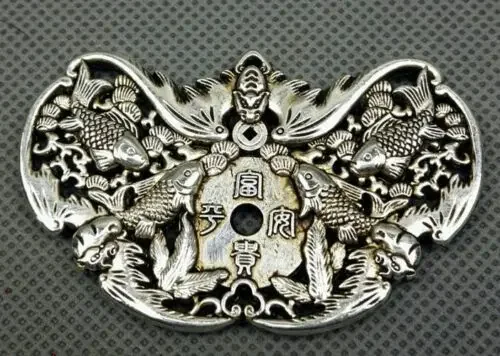 

chinese old antique collection Tibetan silver hand carved bat carp pendant