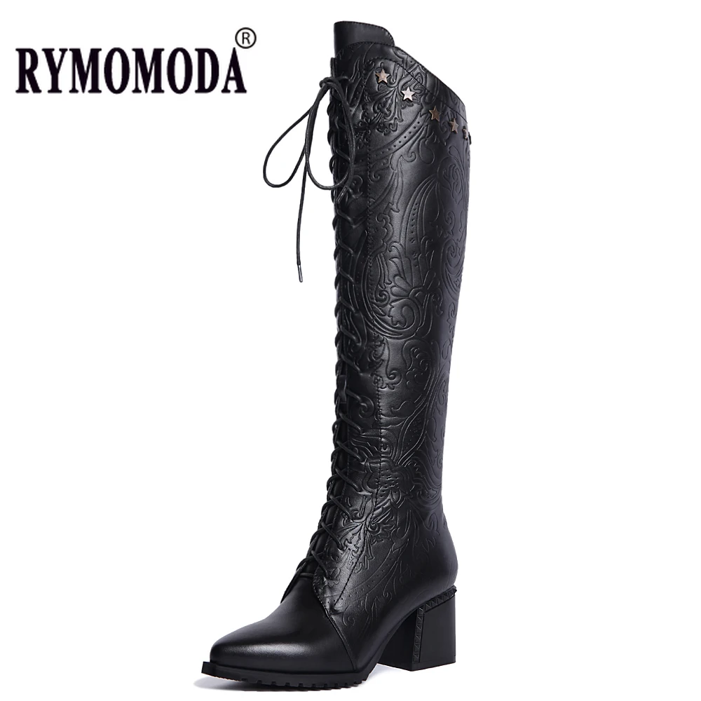 Bottes hautes pour femmes 2026 en cuir de vache véritable, bout pointu, talon, fermeture éclair, lacets, style punk, décontractées, chaudes, chaussures longues d'hiver, grande taille 42