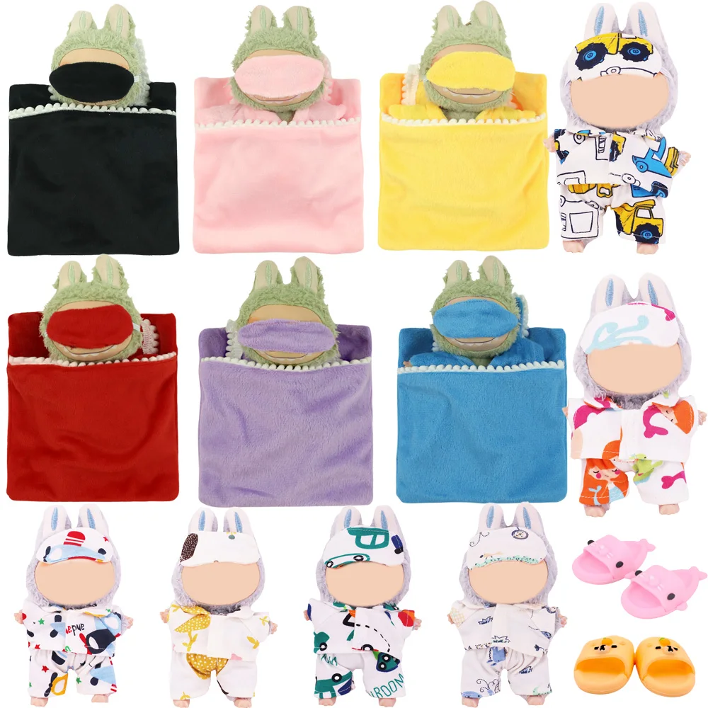 17cm Mini Doll's Accessories Set For Labubu Doll Pop 3Pcs/Set Bed+Quilt+Pillow Pajamas Sleeping Bag Dollhouse Gift,Girl's Toys