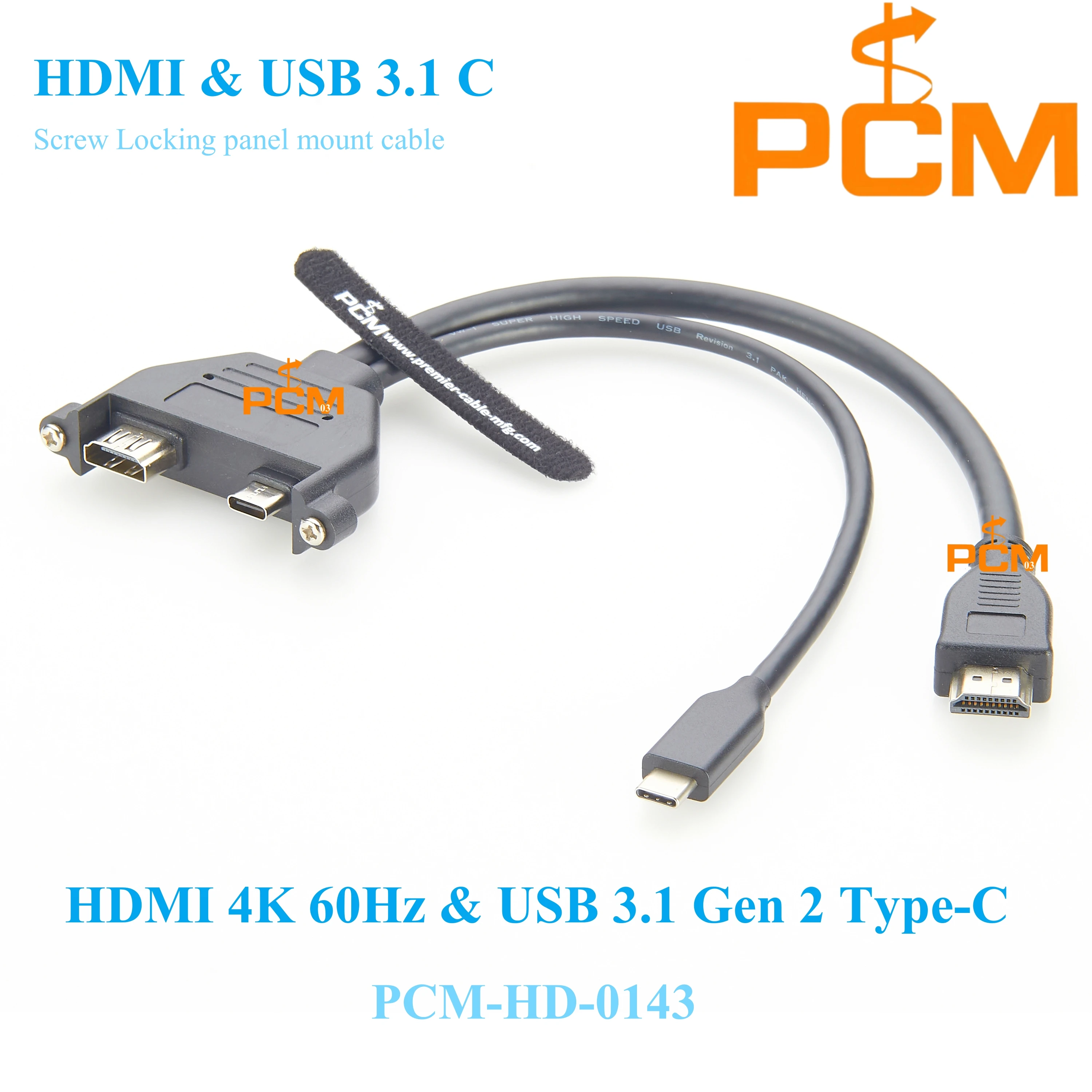 Panel Mount Dual Port HD Extension Cable 4K 60Hz HDR and USB 3.1 Gen 2 Type C PD100W Video Connector 10Gbps Data Cord 0.3m