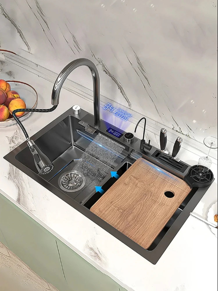 

Stainless Steel Kitchen Waterfall Sink Digital Display Large Single Sink Dish Basin Sink With Multifunction Touch Waterfall