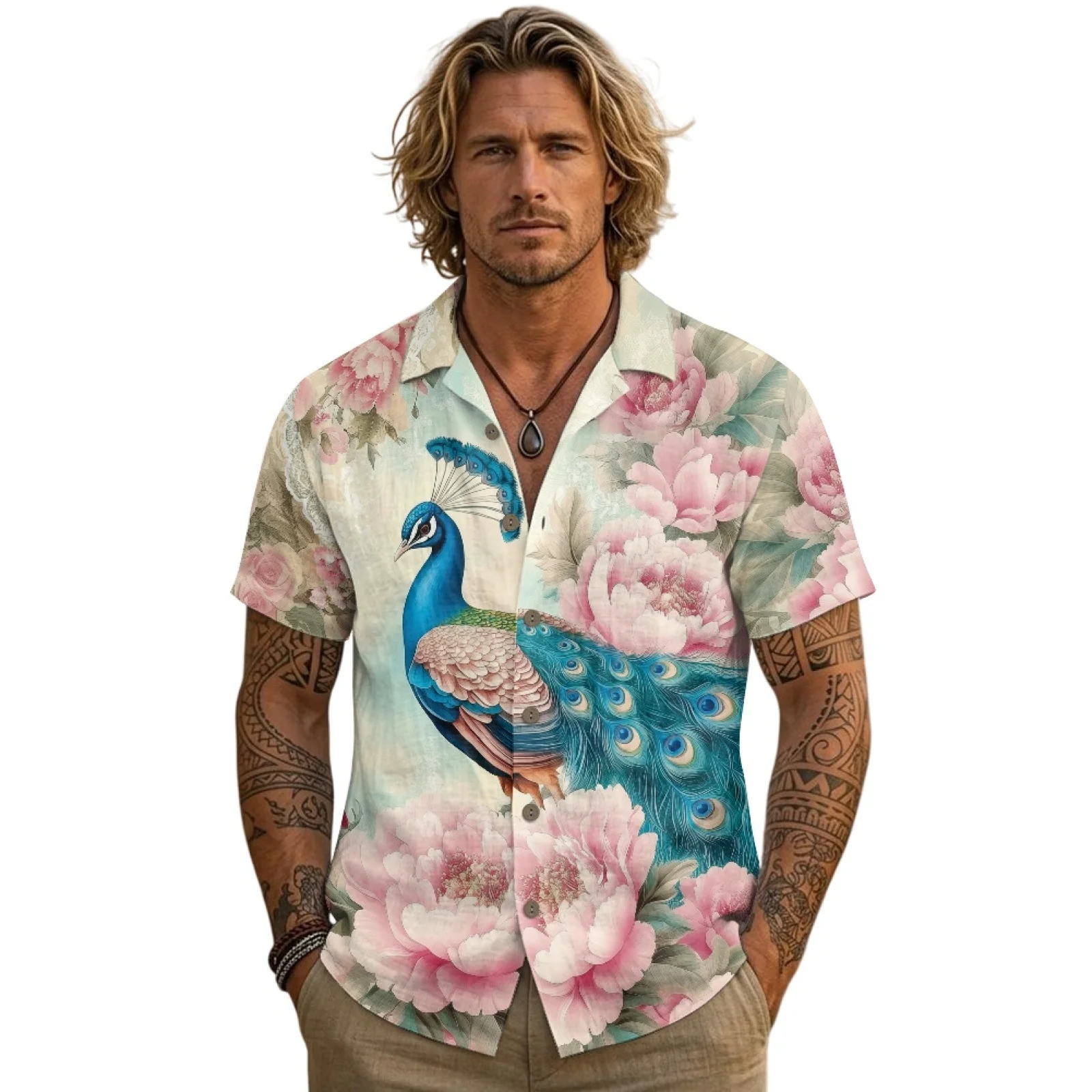 PENSTROLL Peacock and Flower Linen Style Men's Hawaiian Beach Shirt Lightweight Hawaiian Shirts for Daily Casual S-3XL