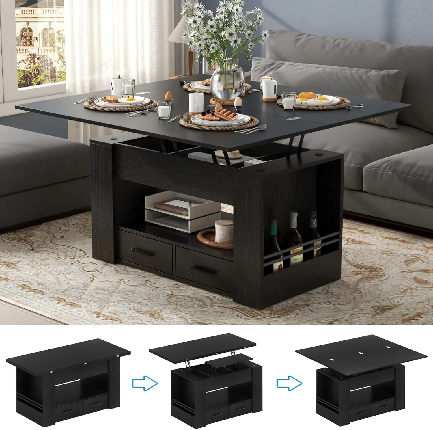 

Lift Top Coffee Table, 4 in 1 Multi-Function Coffee Table with Storage Shelf and Hidden Compartment, (Black)