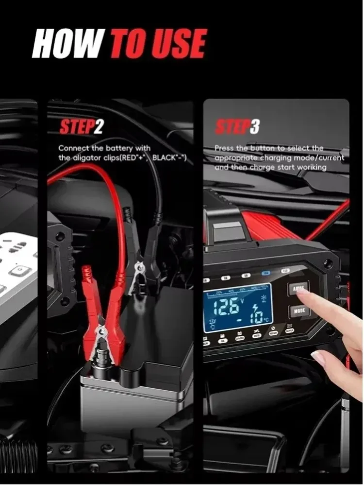 Inteligentna ładowarka do akumulatorów samochodowych 12V 15A 24V 5A, automatyczny podtrzymywacz napięcia akumulatora motocyklowego, kompatybilna z akumulatorami kwasowo-ołowiowymi, żelowymi, AGM oraz — 2