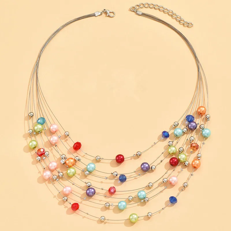 Kymyad Choker Necklaces Women Simulated Pearl Jewelry Necklace Multicolor Crystal Handamde Ethnic Necklace Clothes Accessories