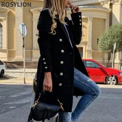 Autumn Winter Black Yellow Double-breasted Lapel Slim Long Woolen Coat Ladies Large Size Windbreaker Women Blend Jacket S-3XL