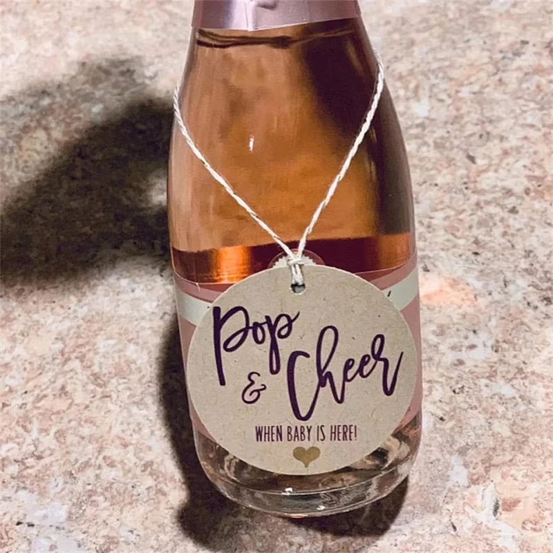 50pcs Pop and Cheer when Baby is Here Tags, Custom Round Baby Shower Wine Bottle / Champagne Tags, Printed Personalized Favor