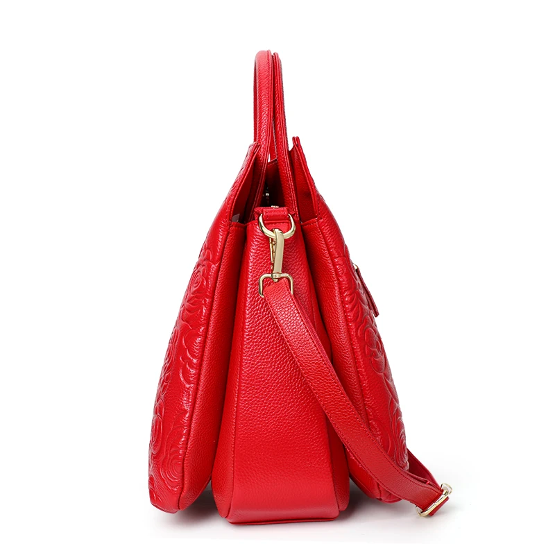 Aidrani Classic Embossed Genuine Leather Women\'s Bag Large Capacity Handbag Red Simple Cowhide Single Shoulder Crossbody Bag