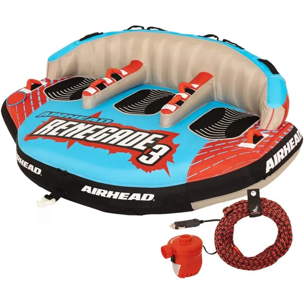 

03 Renegade Big 3 Person Inflatable Towable Water Tube Seat Rider Boating Tubing Kit with Boat Pull Rope and Pump