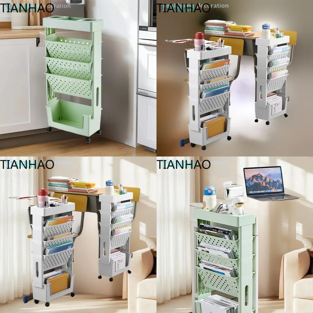 5-Layer Movable Detachable Bookshelf Storage Rack with Wheels Space-Saving Magazine and Snack Storage Rack
