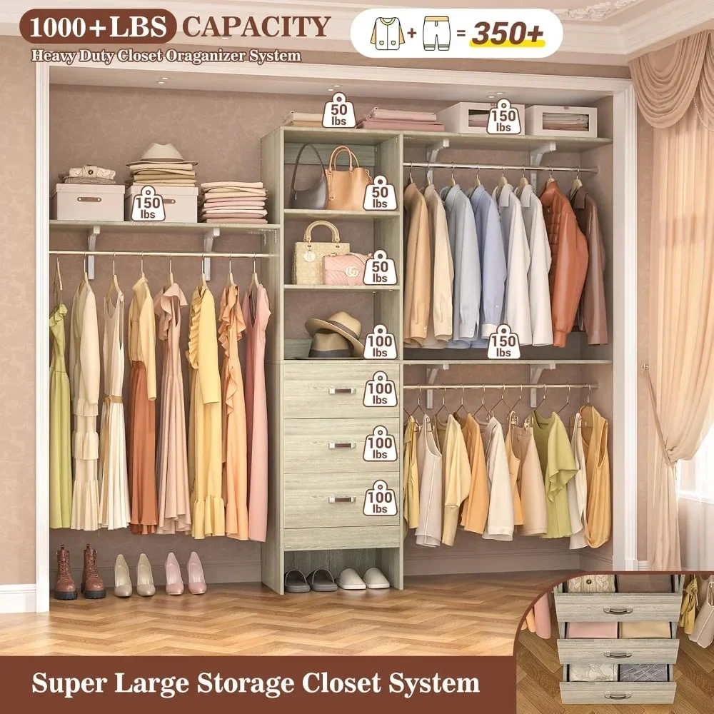 Closet System Walk In Closet Organizer with  Shelving Towers Heavy Duty Clothes Rack with Drawers